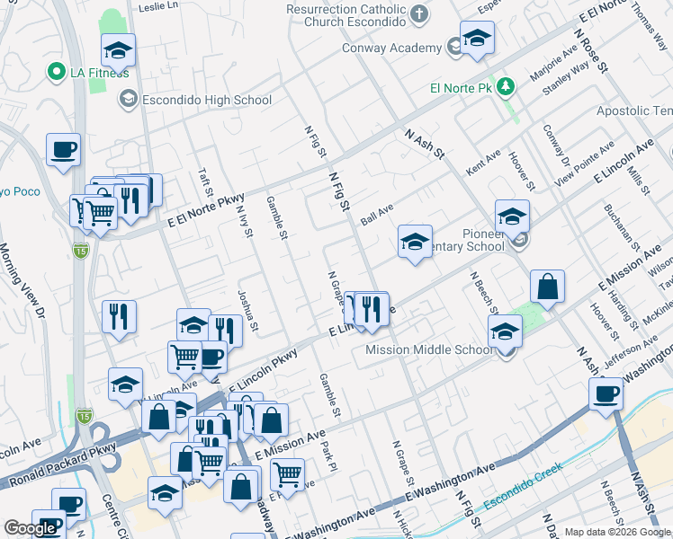 map of restaurants, bars, coffee shops, grocery stores, and more near 1130 North Grape Street in Escondido