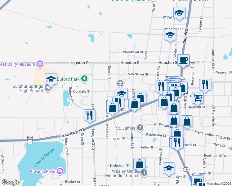 map of restaurants, bars, coffee shops, grocery stores, and more near 720 Connally Street in Sulphur Springs