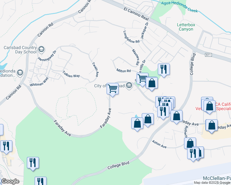 map of restaurants, bars, coffee shops, grocery stores, and more near 1545 Faraday Avenue in Carlsbad