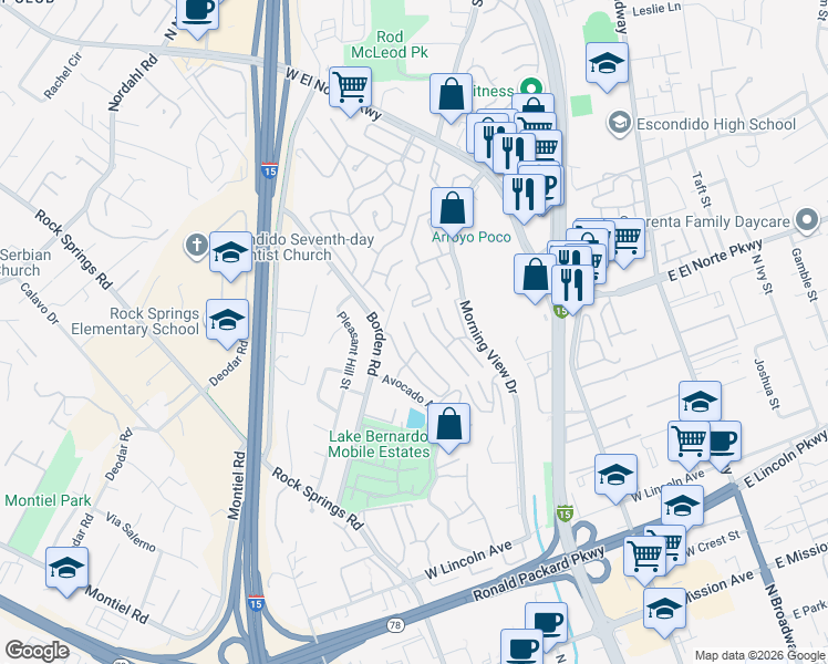 map of restaurants, bars, coffee shops, grocery stores, and more near 1330 Soria Glen in Escondido
