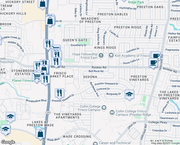 map of restaurants, bars, coffee shops, grocery stores, and more near in Frisco