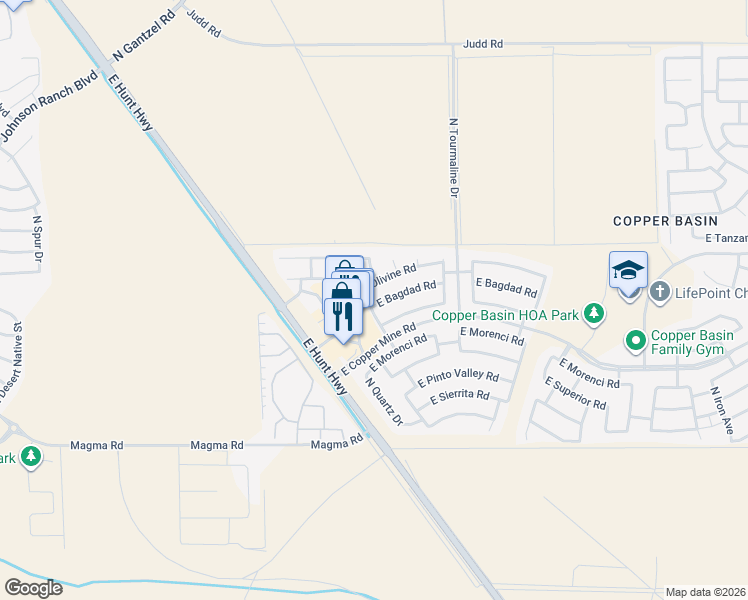 map of restaurants, bars, coffee shops, grocery stores, and more near 2636 East Bagdad Road in Queen Creek