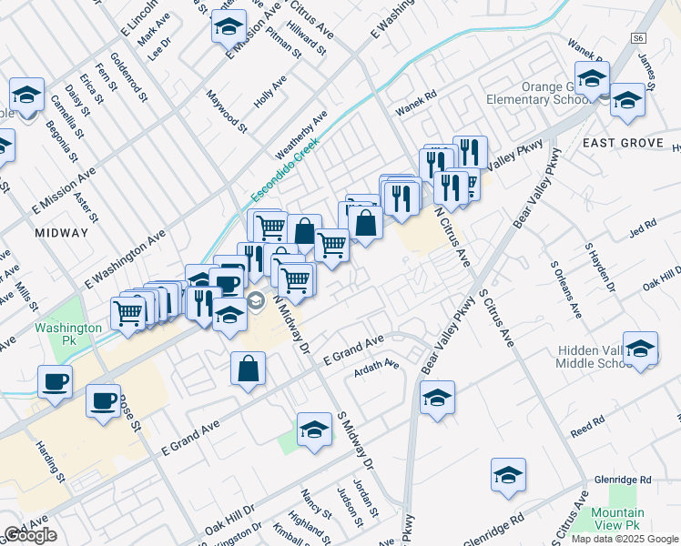 map of restaurants, bars, coffee shops, grocery stores, and more near 2121 East Valley Parkway in Escondido