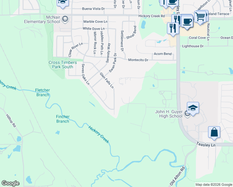 map of restaurants, bars, coffee shops, grocery stores, and more near 2275 Leatherwood Lane in Denton