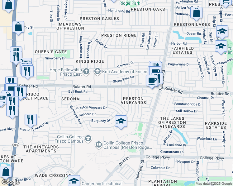 map of restaurants, bars, coffee shops, grocery stores, and more near 7200 Bouquet Drive in Frisco