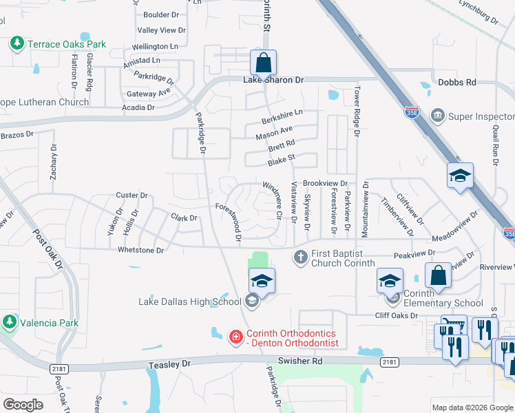 map of restaurants, bars, coffee shops, grocery stores, and more near 59 Carriage Wheel in Corinth