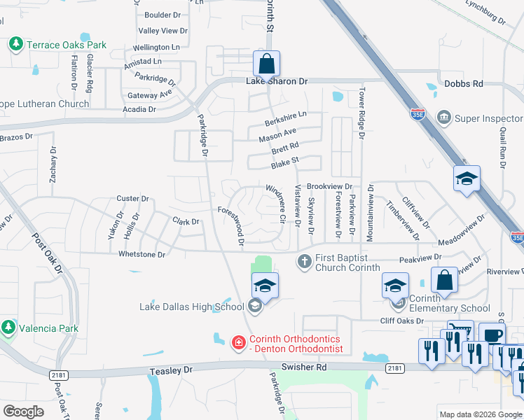 map of restaurants, bars, coffee shops, grocery stores, and more near 59 Carriage Wheel in Corinth