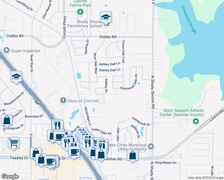 map of restaurants, bars, coffee shops, grocery stores, and more near 322 Thousand Oaks Drive in Lake Dallas