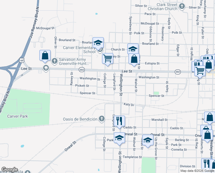 map of restaurants, bars, coffee shops, grocery stores, and more near 2621 College Street in Greenville