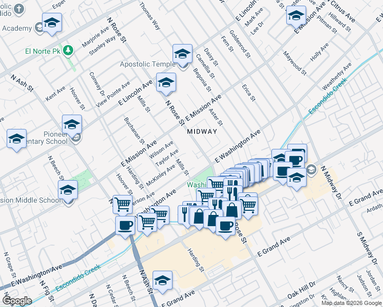map of restaurants, bars, coffee shops, grocery stores, and more near 671 North Rose Street in Escondido