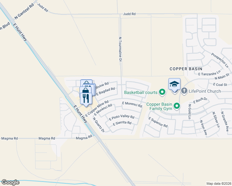 map of restaurants, bars, coffee shops, grocery stores, and more near 2904 East Mineral Park Road in San Tan Valley