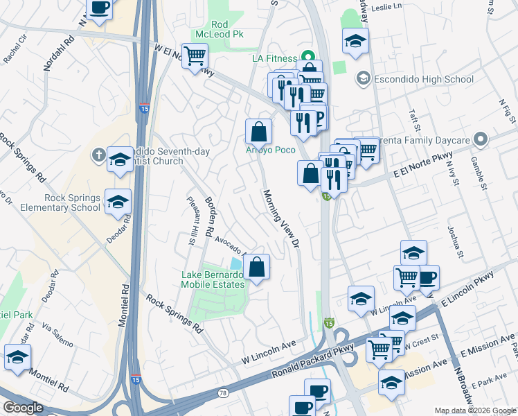map of restaurants, bars, coffee shops, grocery stores, and more near 1301 Morning View Drive in Escondido