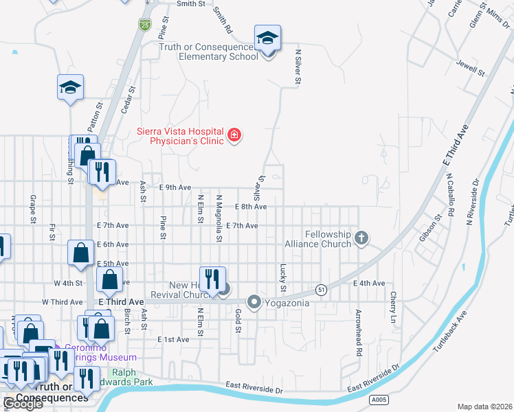 map of restaurants, bars, coffee shops, grocery stores, and more near 1001 East 8th Avenue in Truth or Consequences