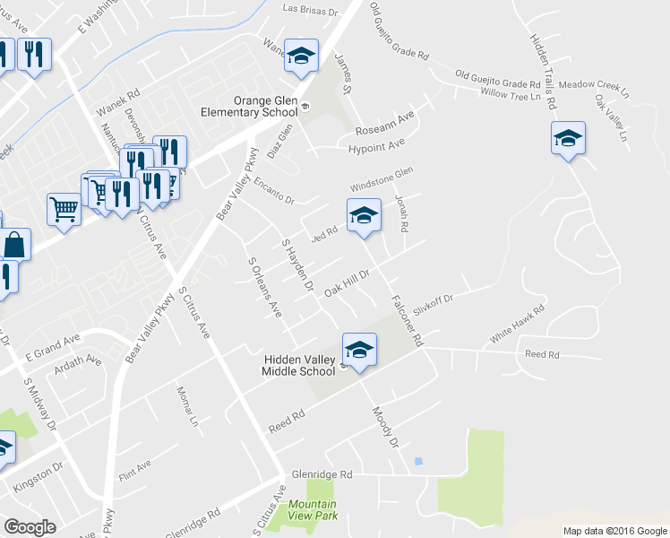 map of restaurants, bars, coffee shops, grocery stores, and more near 2729 Wedgemere Court in Escondido