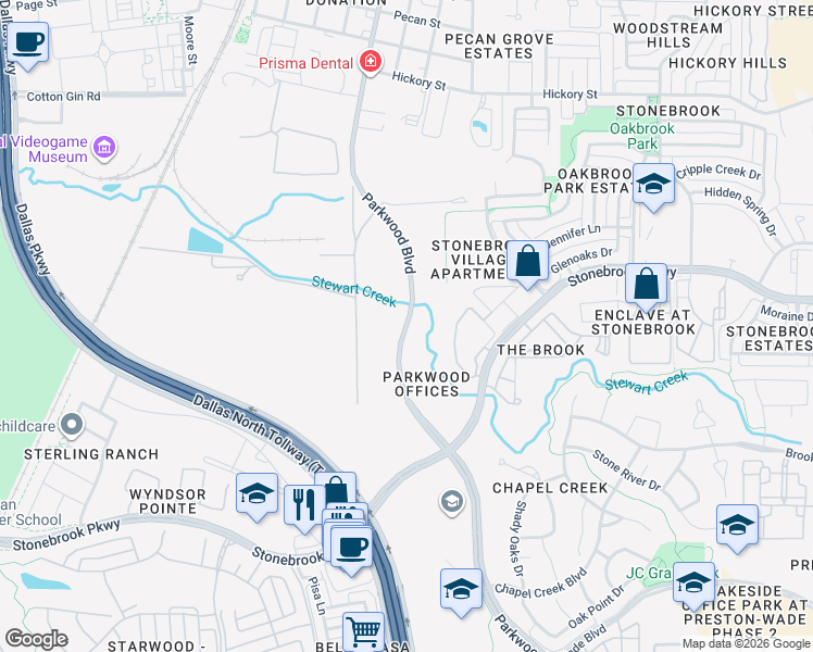 map of restaurants, bars, coffee shops, grocery stores, and more near 7021 Parkwood Boulevard in Frisco