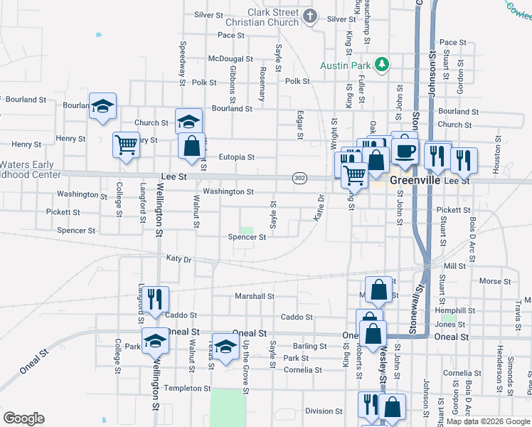 map of restaurants, bars, coffee shops, grocery stores, and more near 2715 Sayle Street in Greenville