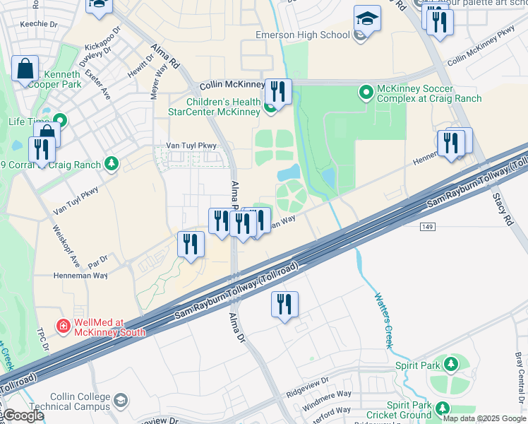 map of restaurants, bars, coffee shops, grocery stores, and more near 6854 Henneman Way in McKinney