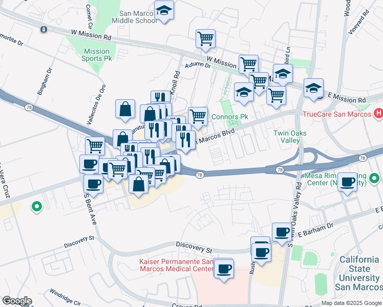 map of restaurants, bars, coffee shops, grocery stores, and more near 200 Travelers Way in San Marcos