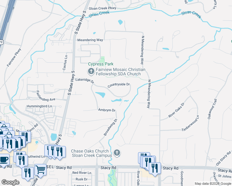 map of restaurants, bars, coffee shops, grocery stores, and more near 631 Lakeridge Drive in McKinney
