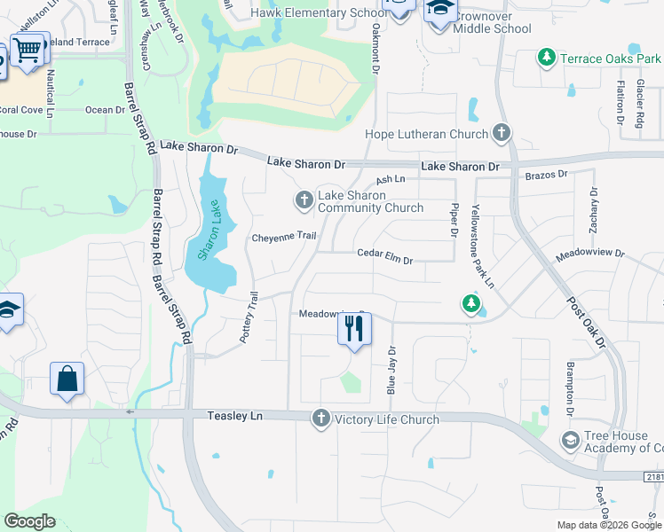 map of restaurants, bars, coffee shops, grocery stores, and more near 1601 Redwood Drive in Corinth