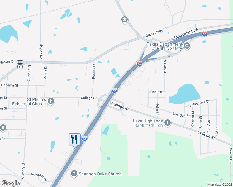 map of restaurants, bars, coffee shops, grocery stores, and more near 1300 Shannon Road East in Sulphur Springs