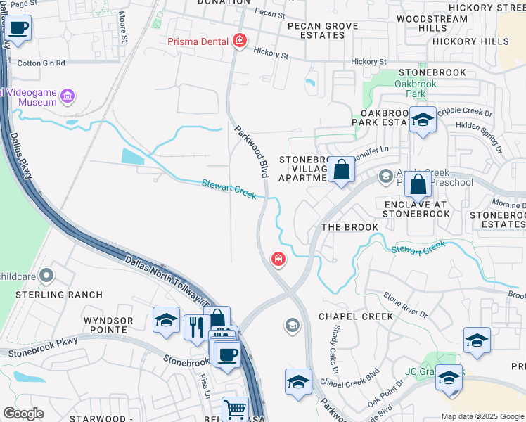 map of restaurants, bars, coffee shops, grocery stores, and more near 7029 Parkwood Boulevard in Frisco
