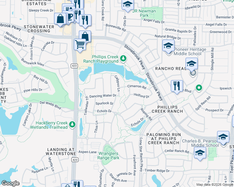 map of restaurants, bars, coffee shops, grocery stores, and more near 7121 Calypso Lane in Frisco