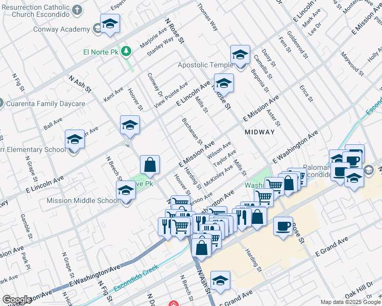 map of restaurants, bars, coffee shops, grocery stores, and more near 1328 East Mission Avenue in Escondido