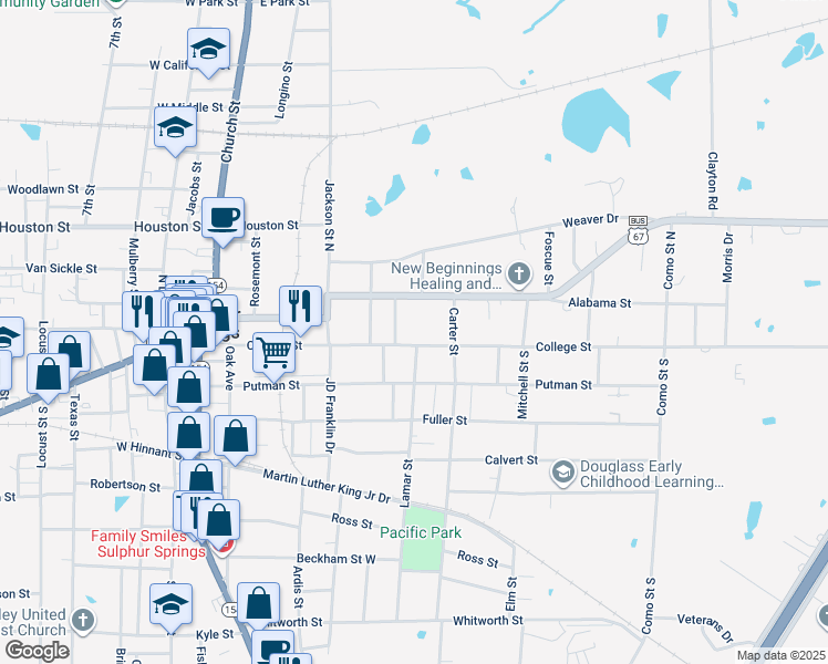 map of restaurants, bars, coffee shops, grocery stores, and more near 437 College Street in Sulphur Springs
