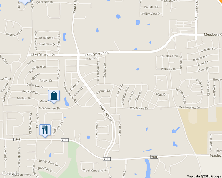 map of restaurants, bars, coffee shops, grocery stores, and more near 2622 Crockett Drive in Corinth
