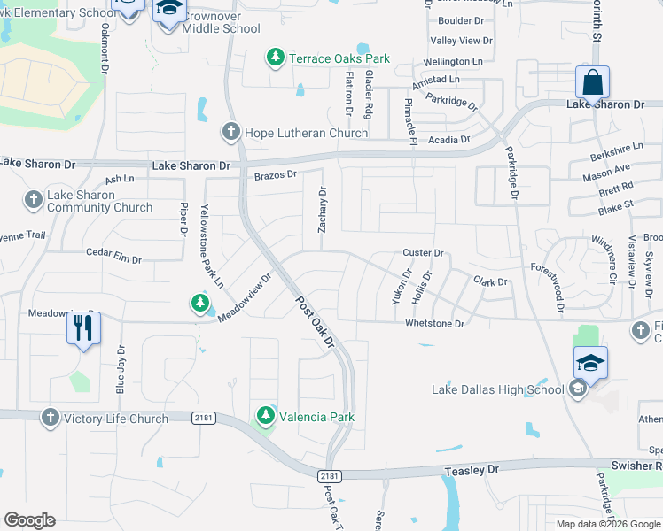 map of restaurants, bars, coffee shops, grocery stores, and more near 2622 Crockett Drive in Corinth