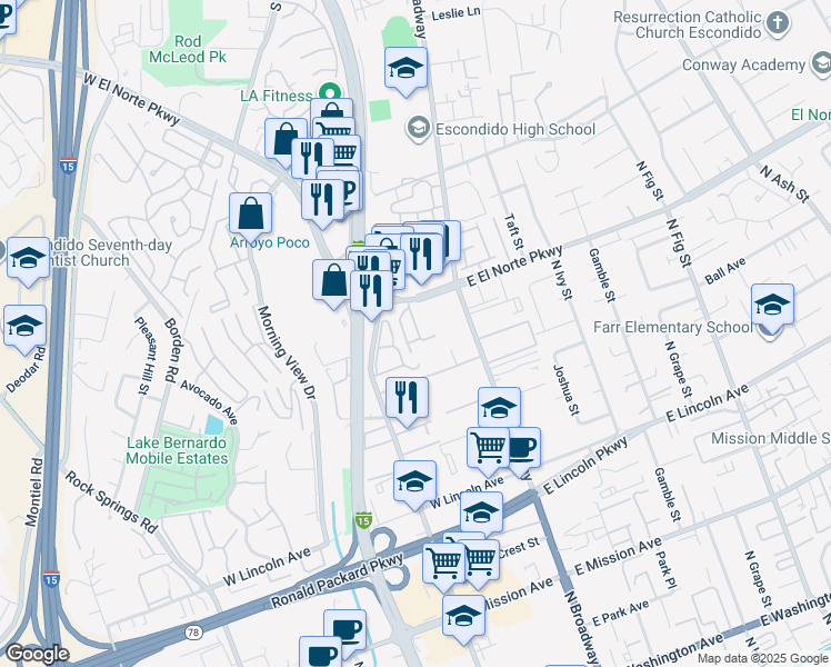 map of restaurants, bars, coffee shops, grocery stores, and more near 1204 North Escondido Boulevard in Escondido