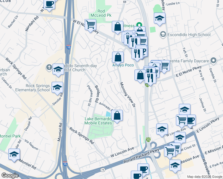 map of restaurants, bars, coffee shops, grocery stores, and more near 1330 Soria Glen in Escondido