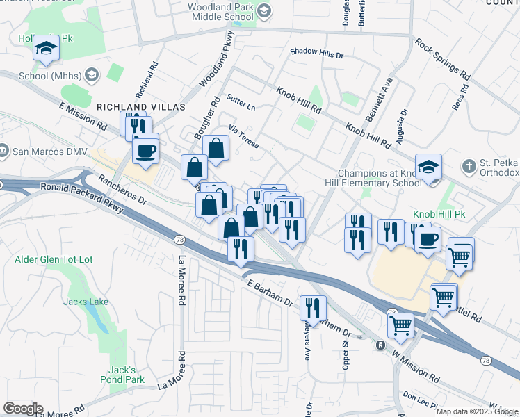map of restaurants, bars, coffee shops, grocery stores, and more near 244 Cerco Rosado in San Marcos