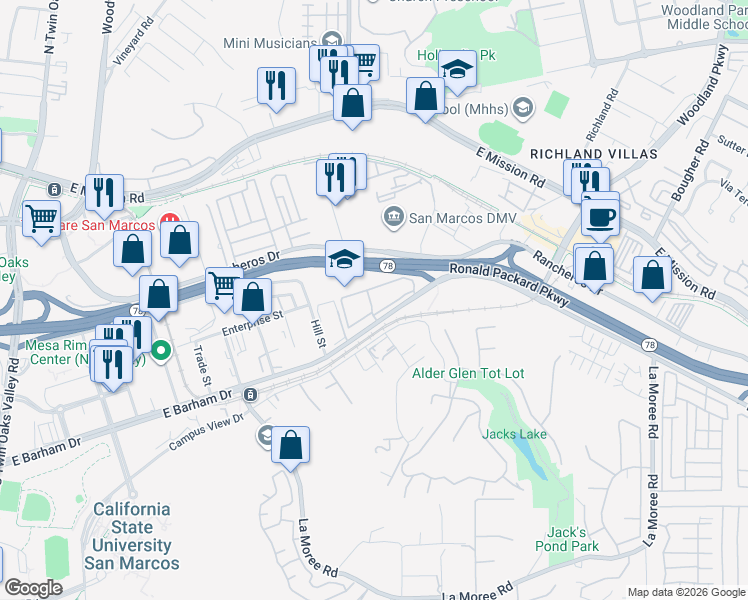 map of restaurants, bars, coffee shops, grocery stores, and more near 570 East Barham Drive in San Marcos