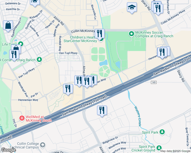 map of restaurants, bars, coffee shops, grocery stores, and more near 6151 Alma Road in McKinney