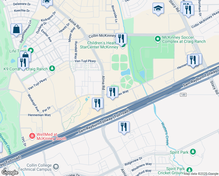 map of restaurants, bars, coffee shops, grocery stores, and more near 6302 Alma Road in McKinney