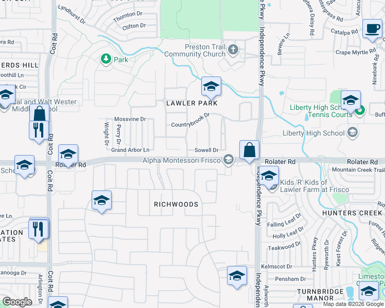 map of restaurants, bars, coffee shops, grocery stores, and more near 13933 Sowell Drive in Frisco