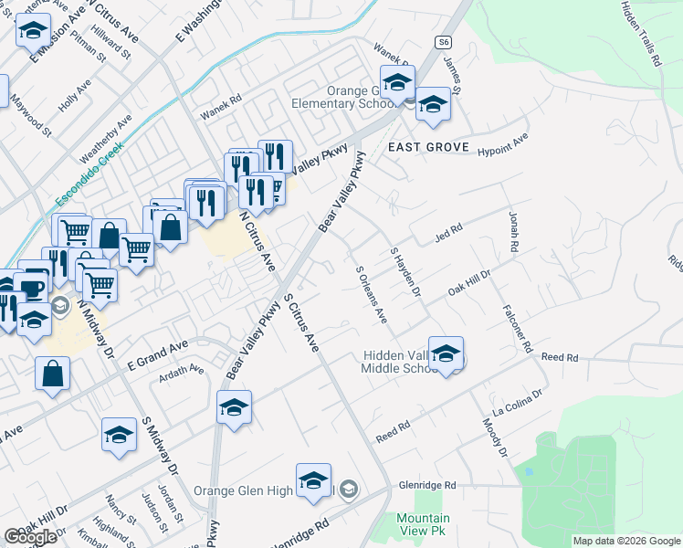 map of restaurants, bars, coffee shops, grocery stores, and more near 2524 Meadowlark Lane in Escondido