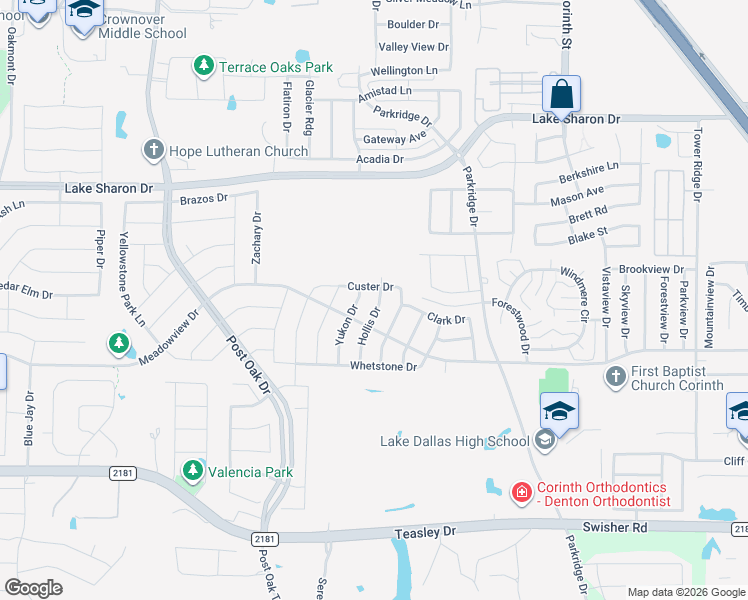 map of restaurants, bars, coffee shops, grocery stores, and more near 2804 Hollis Drive in Corinth