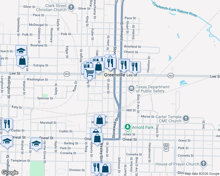 map of restaurants, bars, coffee shops, grocery stores, and more near 2701 Saint John Street in Greenville