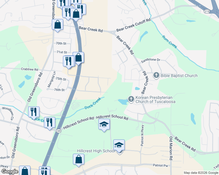 map of restaurants, bars, coffee shops, grocery stores, and more near 7425 Oak Leaf Circle in Tuscaloosa