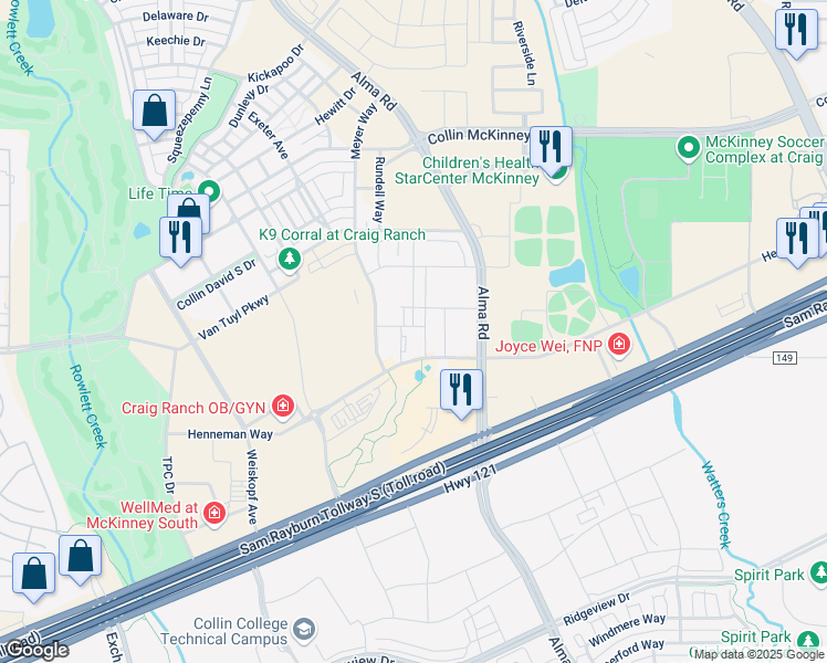 map of restaurants, bars, coffee shops, grocery stores, and more near 7300 Henneman Way in McKinney