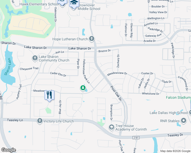 map of restaurants, bars, coffee shops, grocery stores, and more near 2063 Driskell Drive in Corinth