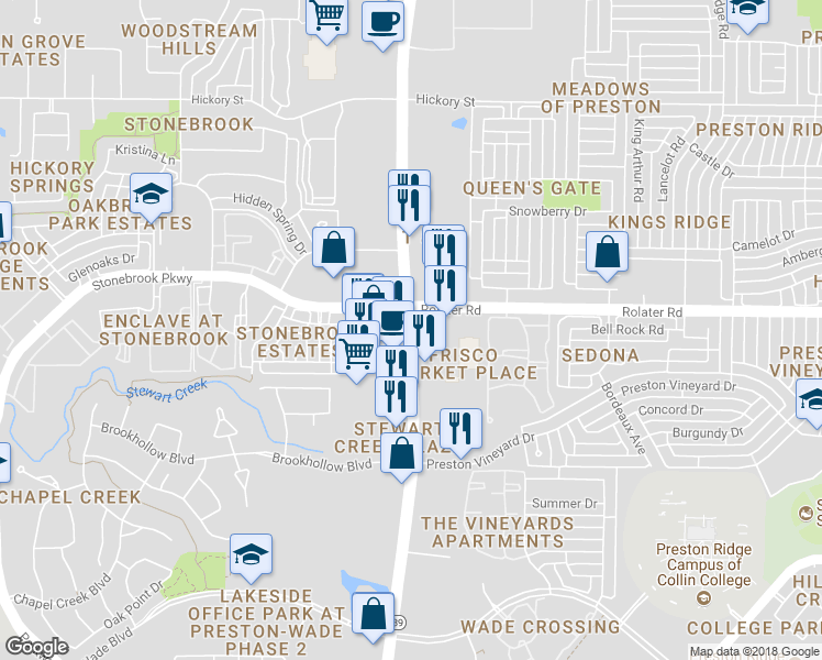 map of restaurants, bars, coffee shops, grocery stores, and more near 7204 Preston Road in Frisco