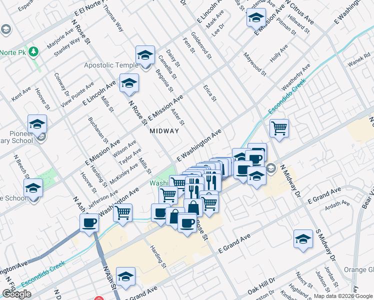 map of restaurants, bars, coffee shops, grocery stores, and more near 1666 East Washington Avenue in Escondido