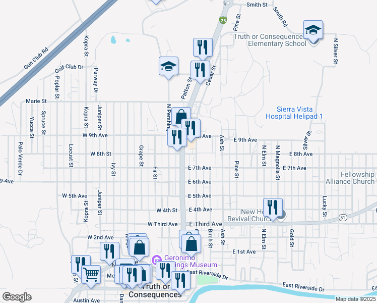 map of restaurants, bars, coffee shops, grocery stores, and more near 410 West 8th Street in Truth or Consequences