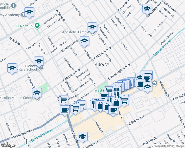 map of restaurants, bars, coffee shops, grocery stores, and more near 671 North Rose Street in Escondido