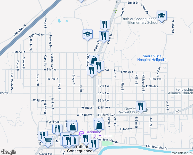 map of restaurants, bars, coffee shops, grocery stores, and more near 410 West 8th Street in Truth or Consequences