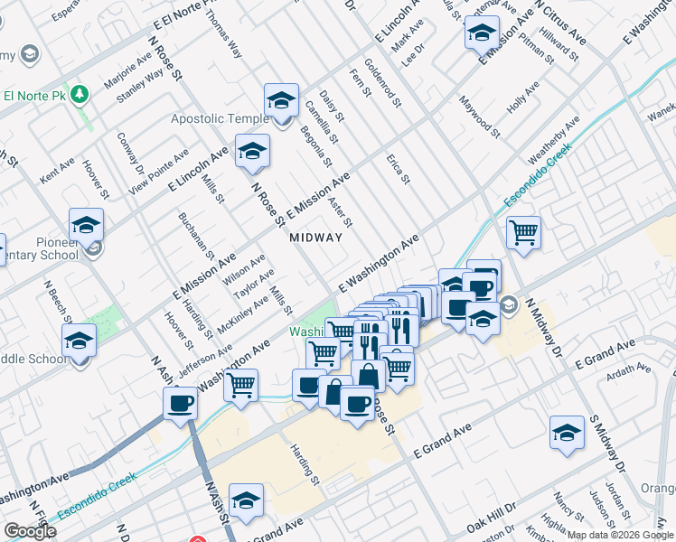 map of restaurants, bars, coffee shops, grocery stores, and more near 1666 East Washington Avenue in Escondido